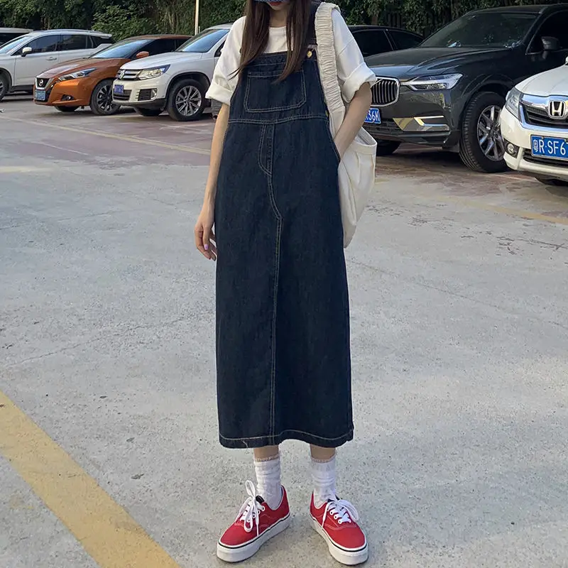 

Женское джинсовое платье без рукавов, повседневные свободные винтажные платья на бретелях, осенние женские шикарные платья в стиле преппи ...