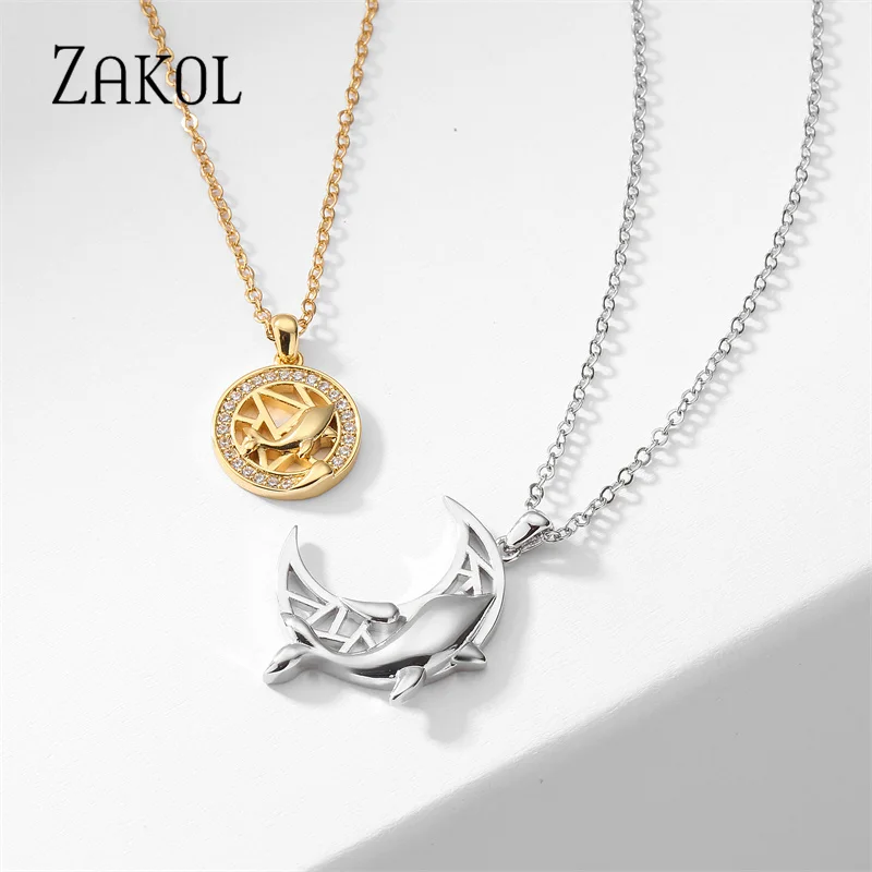 

ZAKOL 2023 New Fashion Couple Matching Necklace Sun Moon Necklaces for Lovers Dolphin Paired Pendant Jewelry Chain Choker