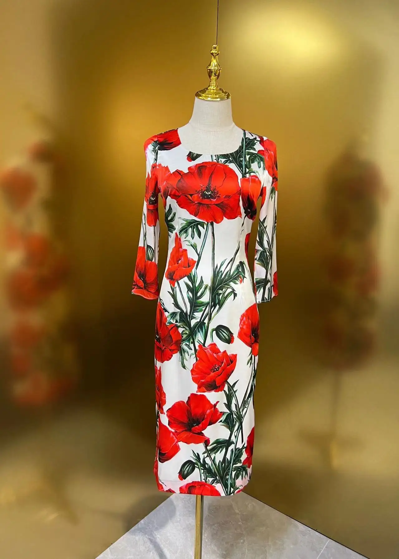 High Quality 2023 Summer Women Fashion Runway Midi Flowers Print Dress Silk Slim Ladies Vintage Dresses