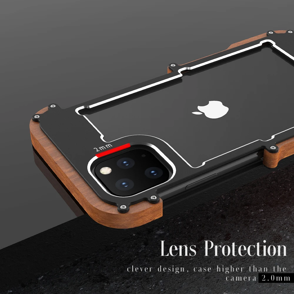 R-just Phone Cases For Iphone 11 Pro Xs Max Luxury Hard Metal Aluminum Wood Protective Bumper Phone Case For Iphone XS XR X
