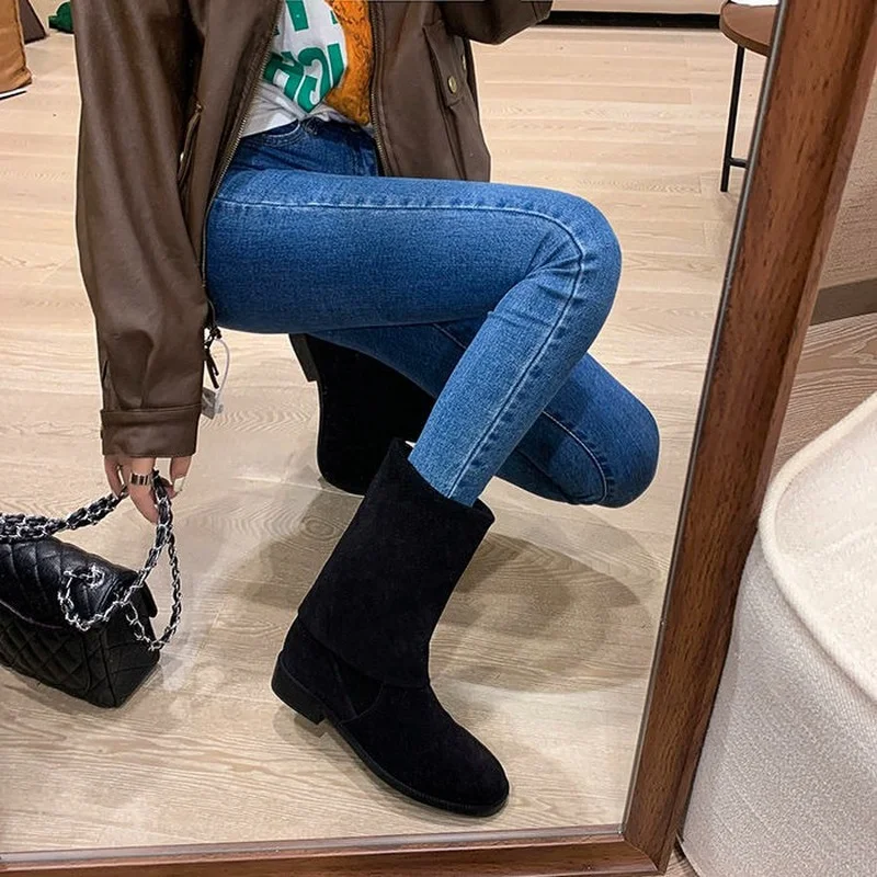 Genuine Leather Retro Pile Boots Frosted Thin Medium Boots Women's 2022 Autumn New Suede High-top Knight Boots Women Boots