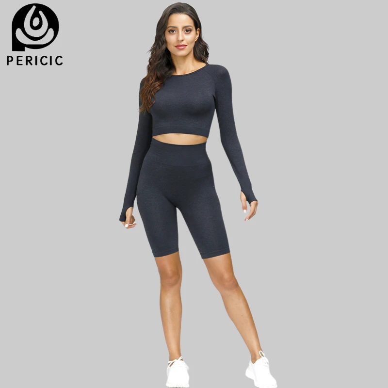 

Tracksuit Women Sport Wear Workout Clothes Long Sleeve Fitness Crop Top + Yoga Fifth Pants Leggings Seamless Yoga Set Gym Outfit