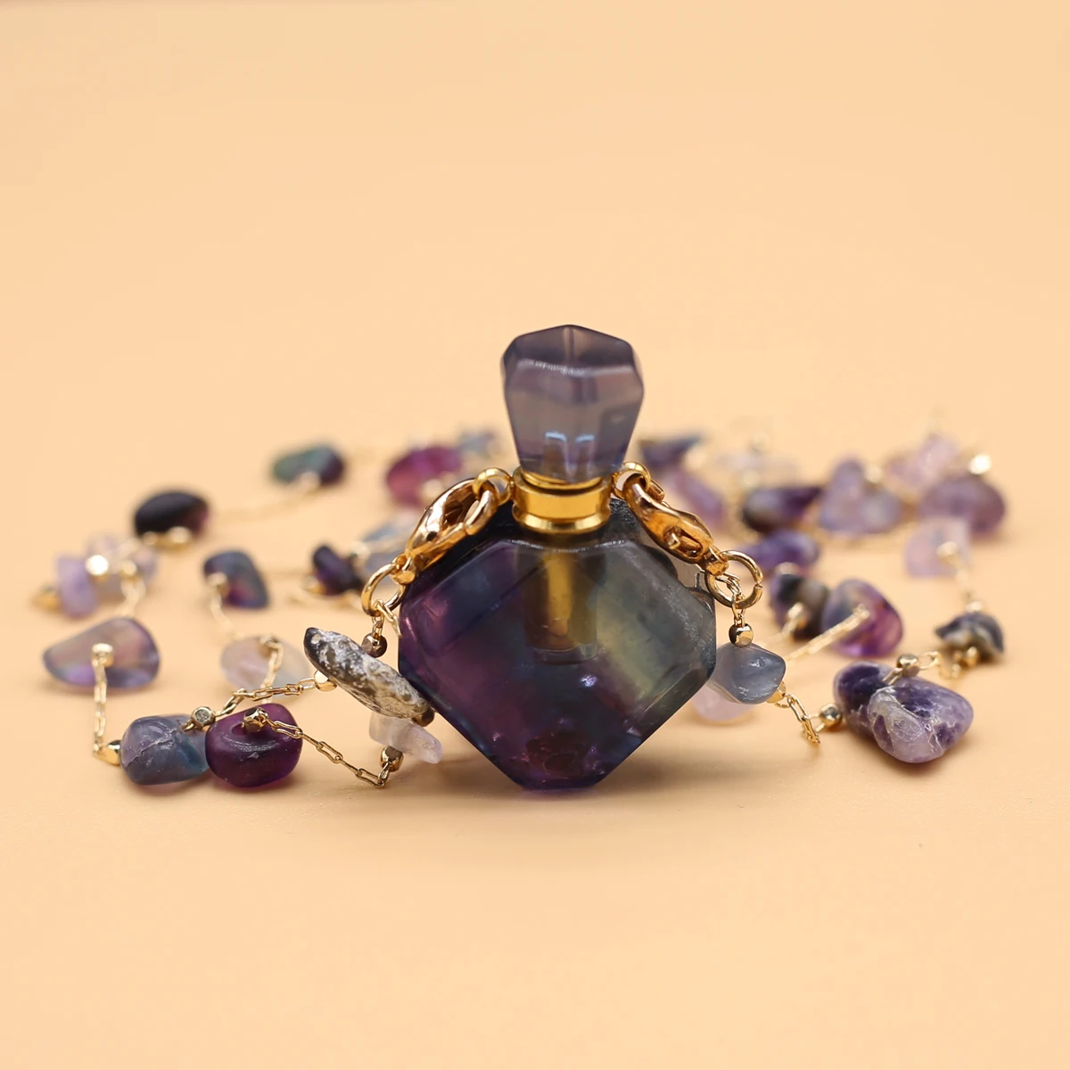 

Natural Stone Fluorite Rhombus Perfume Bottle Diffuser Pendant Necklace Craft Jewelry MakingDIY Hanging Accessory Gift Decor80CM