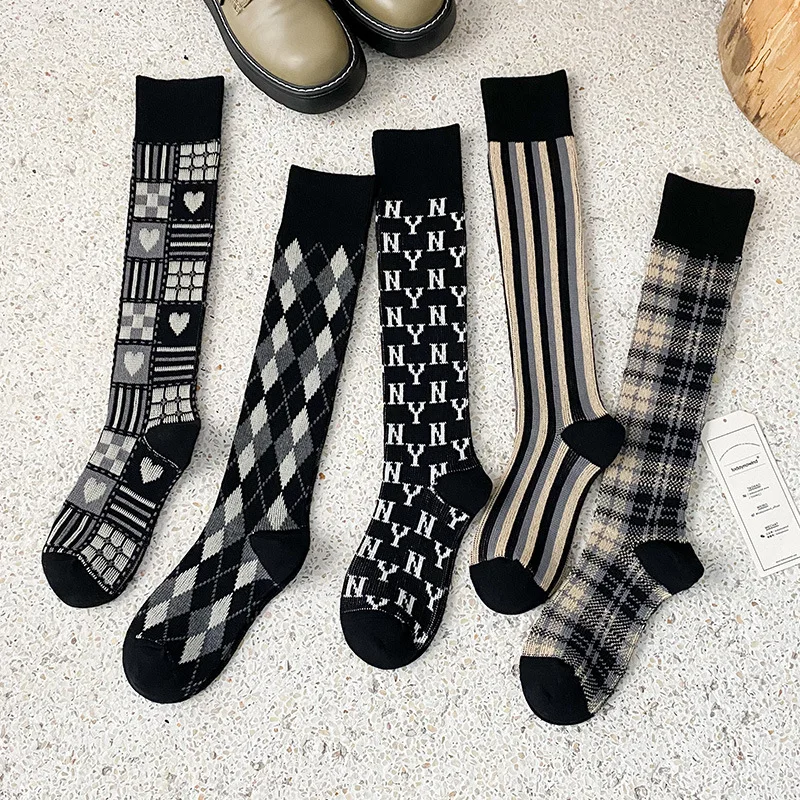 

Calf socks female double needle double way models autumn and winter cotton medium-length long socks female black tall socks
