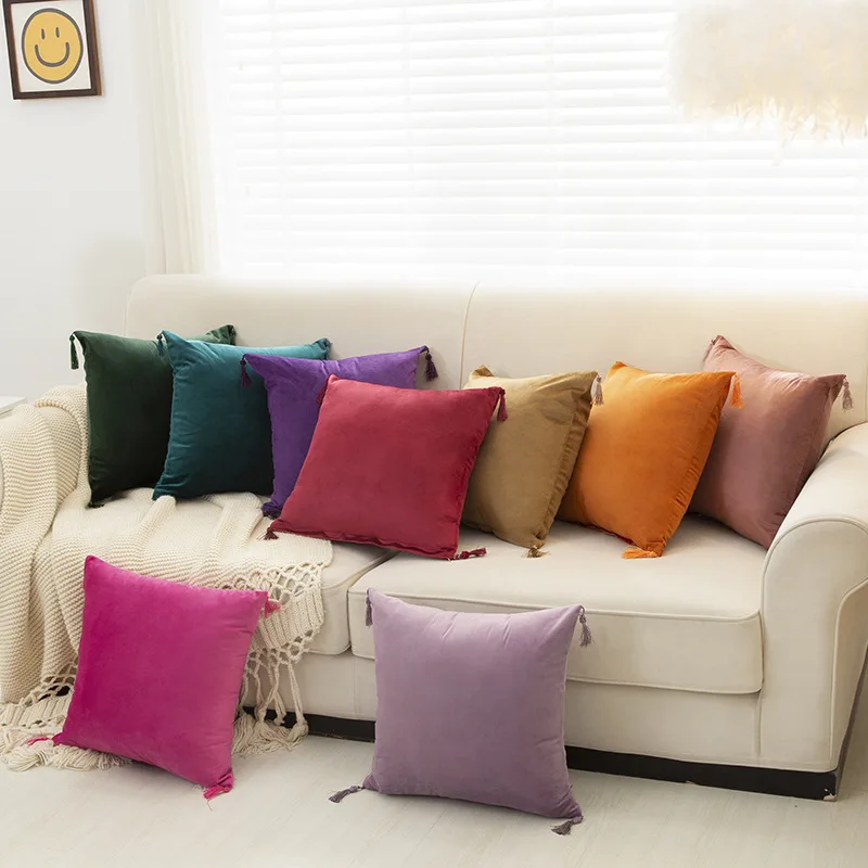 

40*40cm Simple Fashion Plain Tassel Home Pillow Solid Color Super Soft Dutch Velvet Comfortable Cushion Sofa Bay Window Waist