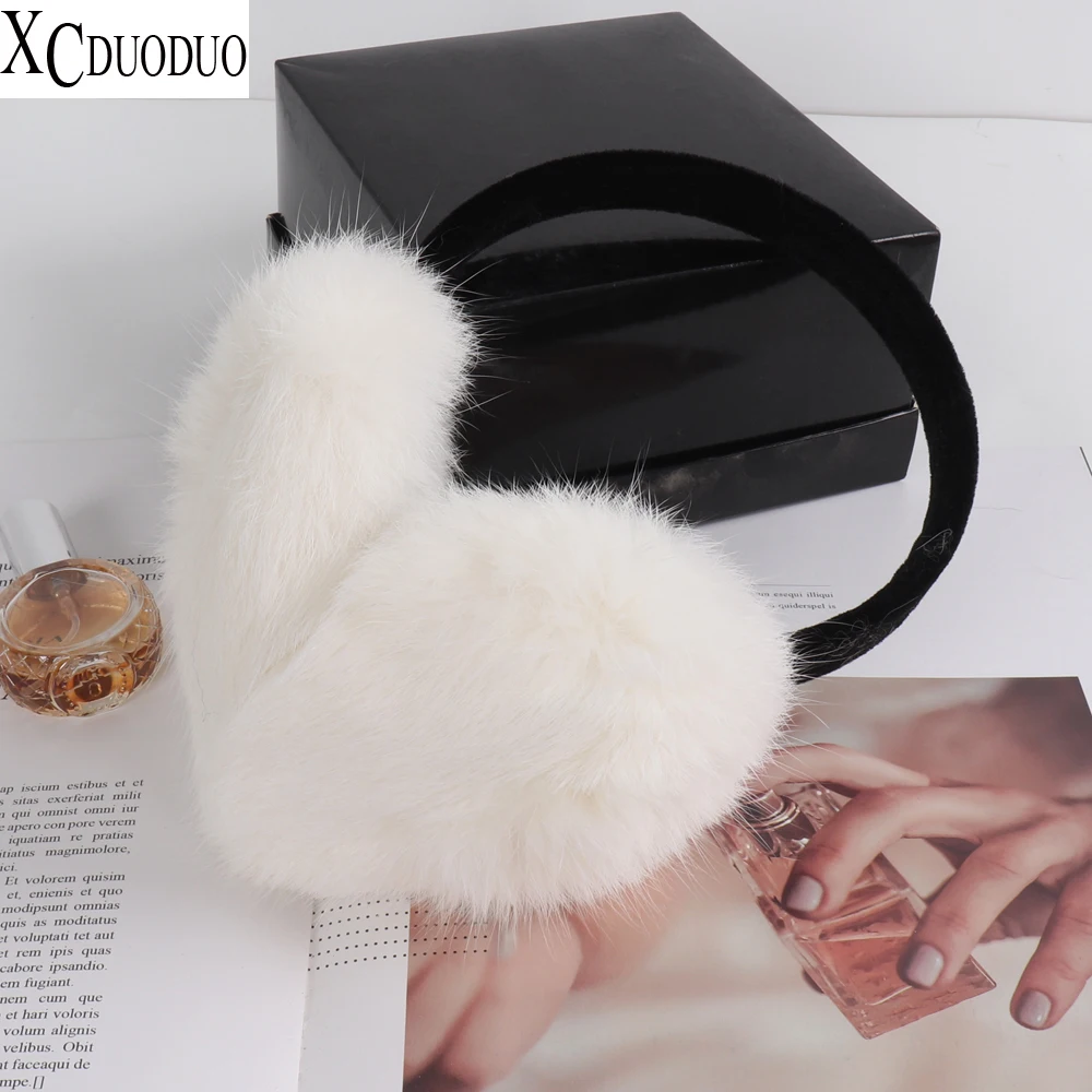 

Russian Women Winter Fluffy Genuine Rabbit Fur Earmuffs Ladies Warm Natural Rabbit Fur Earflaps Female Outdoor Real Fur Earmuff