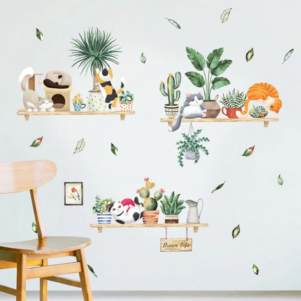 Зеленые растения в горшке котенок настенный стикер HT94038 свежий домашний стильный