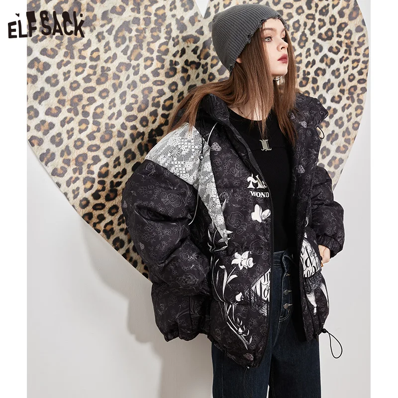 ELFSACK Spliced Black Down Coats Women 2022 Winter New Thick Coats