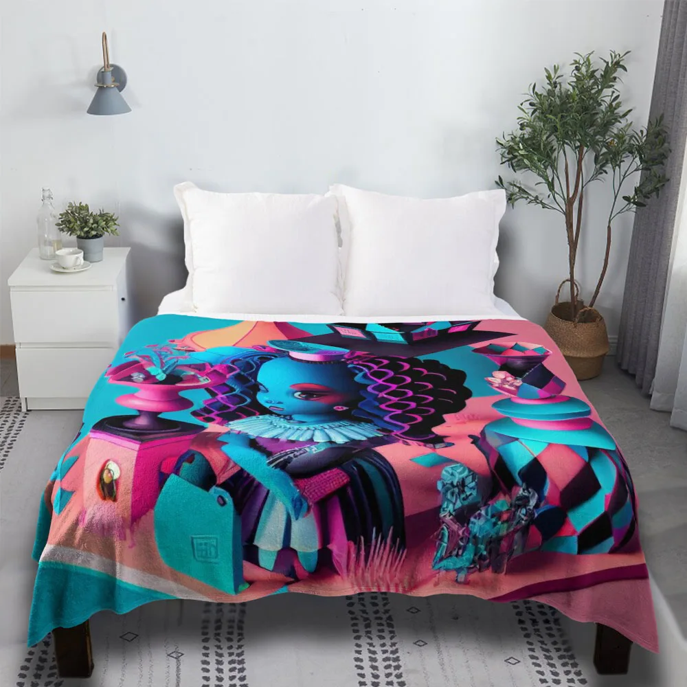 

Cyberpunk Black Girl In Pink Blue Land Warm Flannel Target Cartoon Cute Picnic Throw Blanket