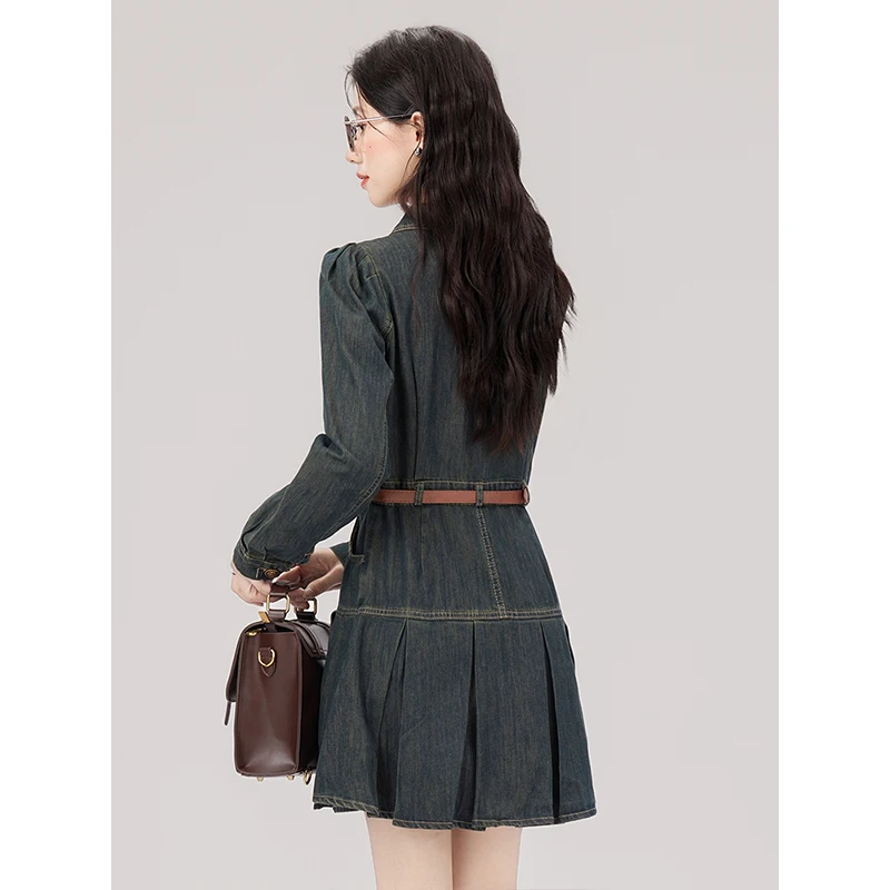 Корейская серия ретро-преппи джинсовое платье женская осенняя новая маленькая