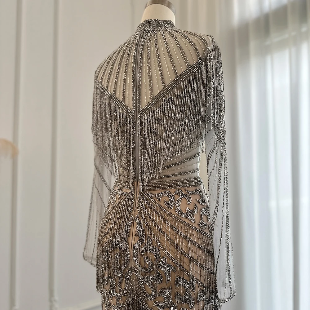 Jancember New Beading Muslim Style Evening Dress Sparkling Tassel Floor Length Prom Gown For Women Wedding Party SCZ062