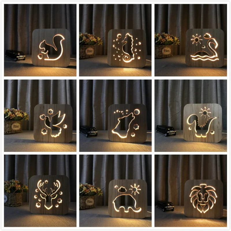 Wood Nightlight Cute Animal Dog Cat Lion Dolphin Seahorse Led Desk Lamp Gift Adult Children Bedside Lamp Decoration