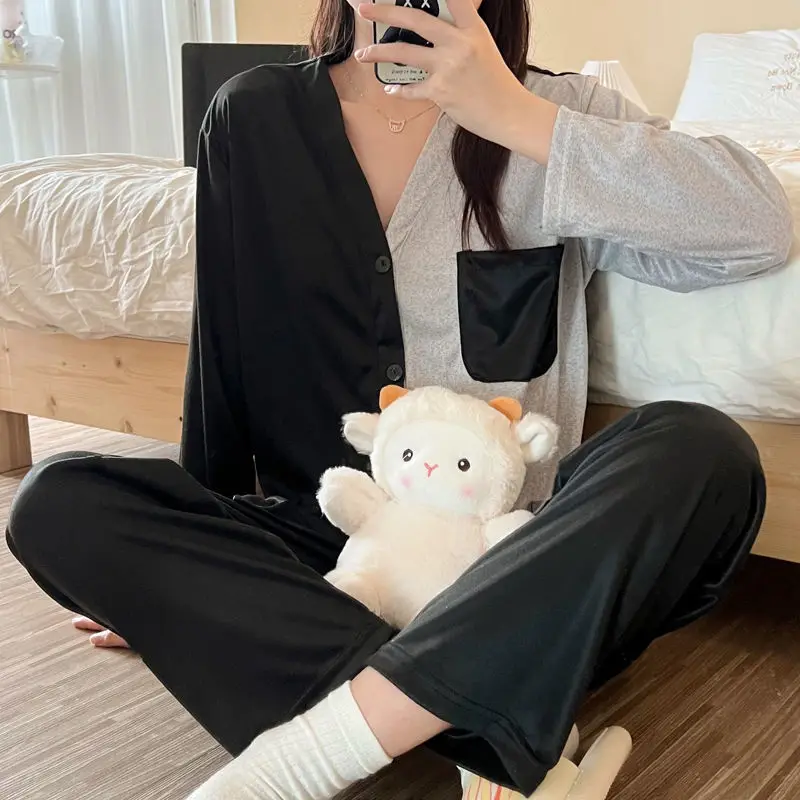 Yasuk Spring Autumn Fashion Women's Casual Soft Milk Silk Sleepwear Homewear Pajamas Set With Pants Splicing Colors Simple Girl