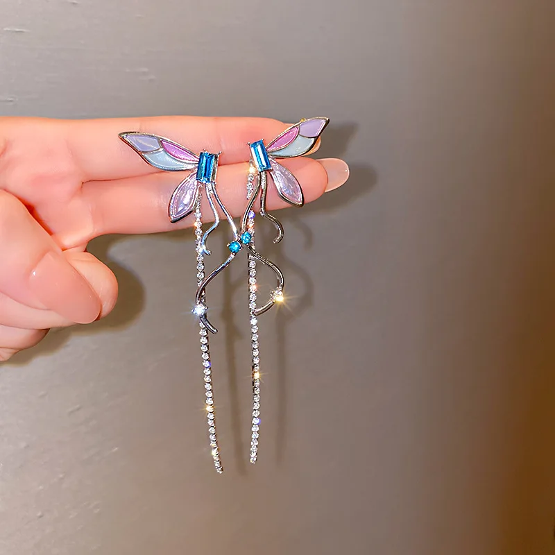 

925 Silver Needle Korean East Gate Fashion Tassel Diamond Butterfly Earrings Long Net Red Female