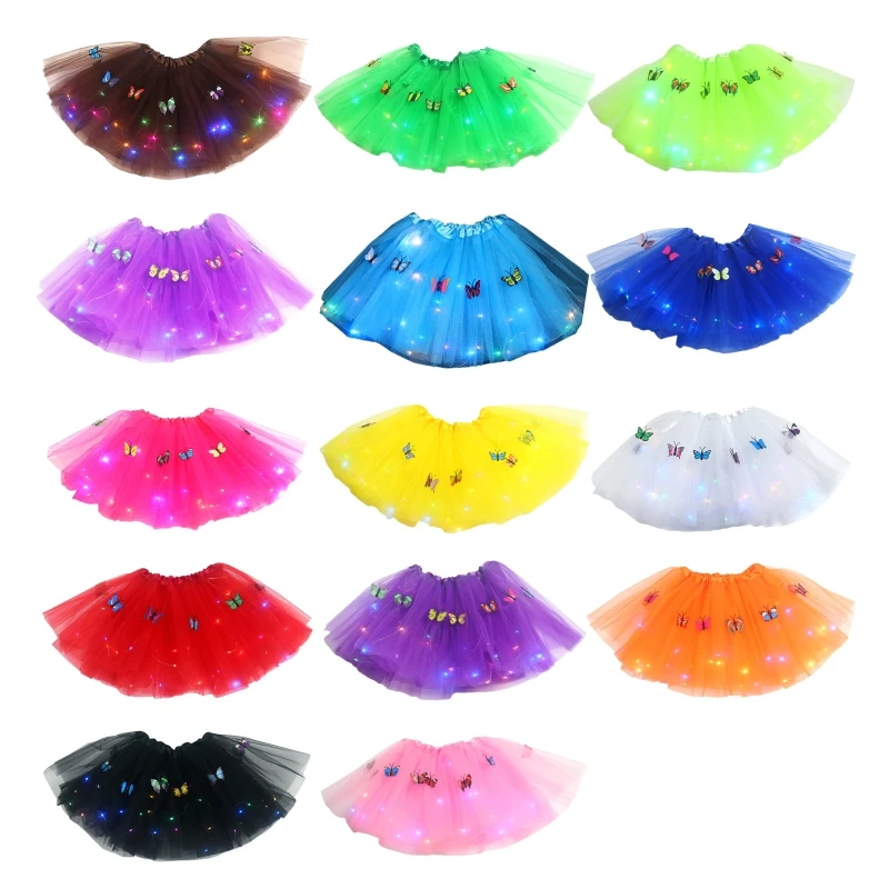 

Women Adult LED Light Up Tutu Skirt with for butterfly Layered Mesh Tulle Satin Elastic Waist Ballet Dance Dress Luminous Party