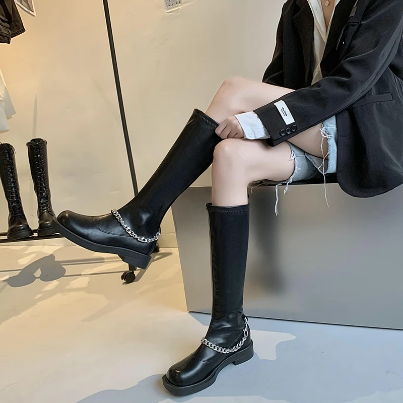 

Длинные ботинки OKKDEY с квадратным носком, женская обувь, новинка сезона весна-осень-зима 2022, модные черные трендовые ботинки средней длины дл...