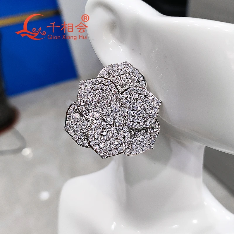 37*37mm big flat flowers S925 silver   earrings ear stud D vvs white moissanite stone Earring earrings jewelry woman gift