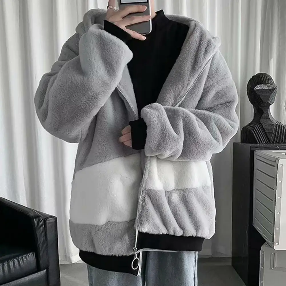 

Men Jacket Contrast Color Plush Zipper Long Sleeve Loose Hip Hop Ribbed Cuff Teddy Bear Hoodie Sweatshirt Coat for Outdoor