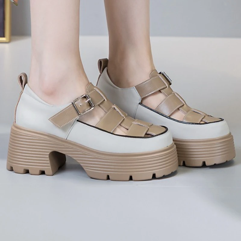 2023 New 7cm Genuine Leather Female Heeled Sandals Hollow Buckle Summer Fashion Platform Wedge Chunky Sneakers Comfy Women Shoes