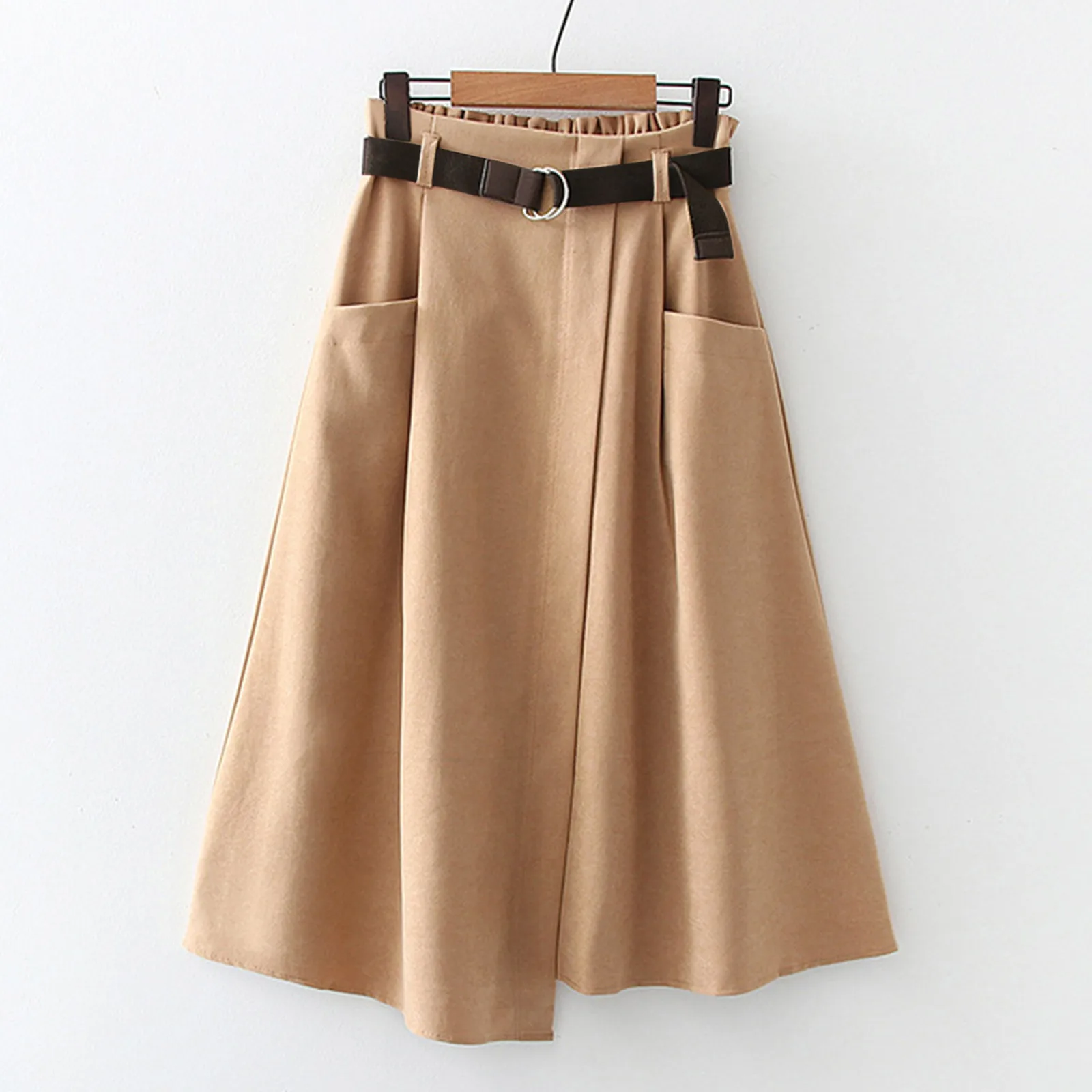 

Women's Solid Colour Casual Pockets Half Body Skirt Loose High Waist Slim Skirt Irregular Mid Length Half Skirt With Belt