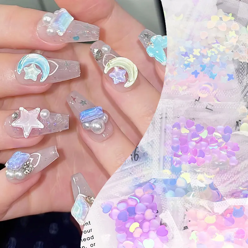 

50/100pcs Luminous Star /Moon/ Heart Shaped Nail Charms Glow in the Dark Diamonds Love Resin Jewelry Diy 3D Nail Crystal (5-8mm)