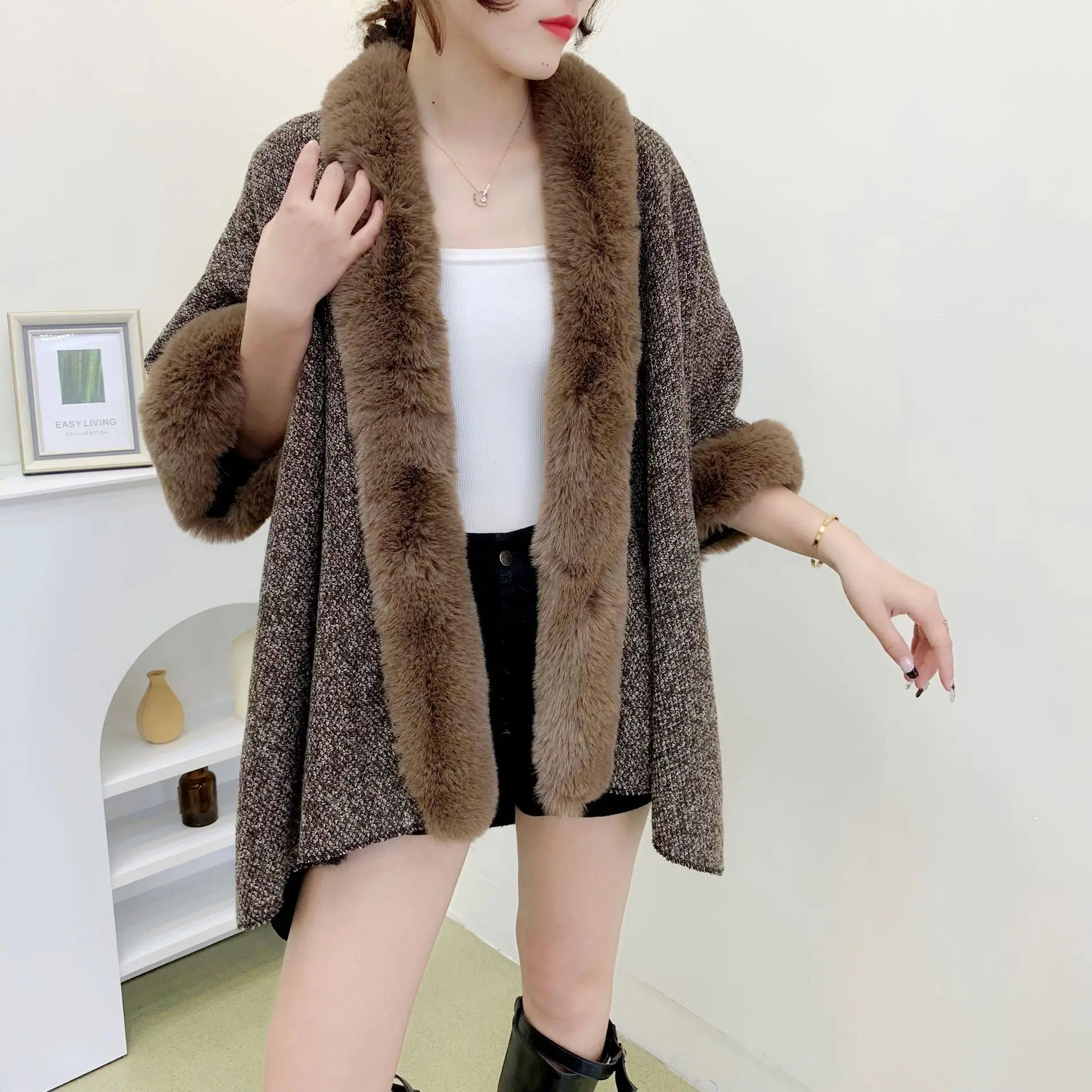 Classic Split Towel Flannel Composite Women's Faux Fur Rex Rabbit Shawl Female E-commerce Processing Customization Cardigan