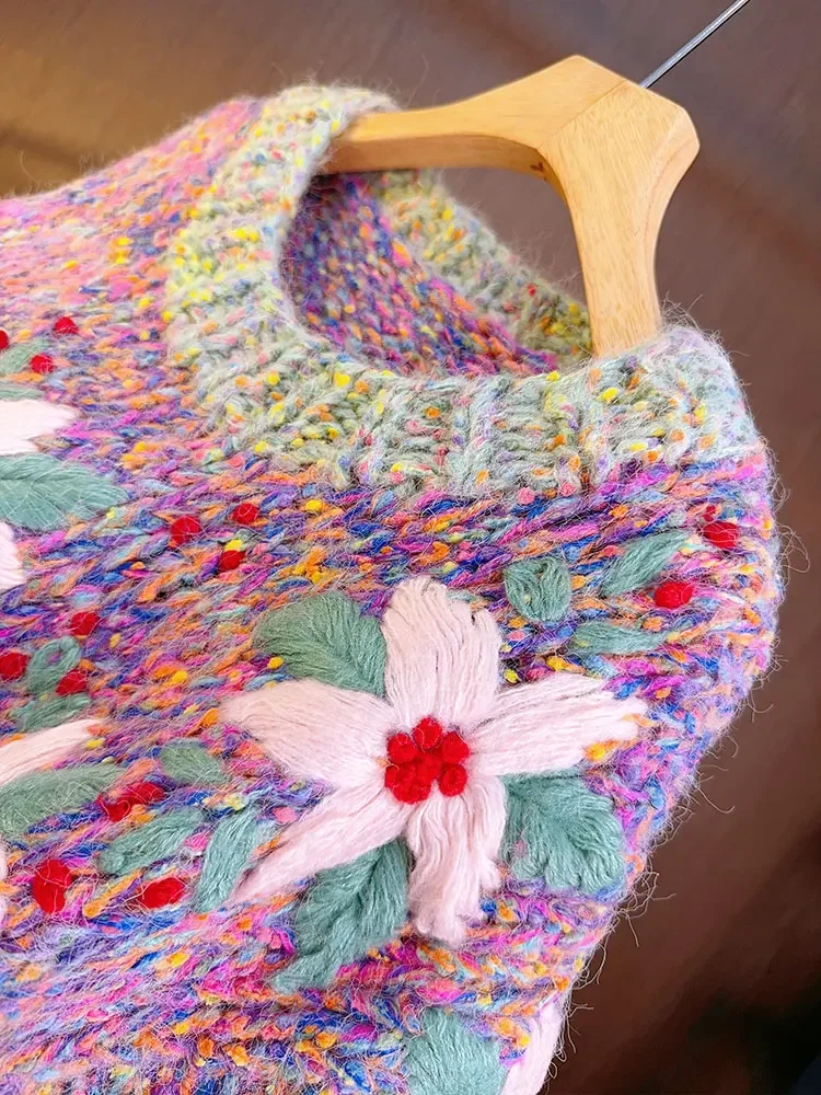 Джемпер с вышивкой крючком и цветком свитер круглым вырезом рукавами-фонариками