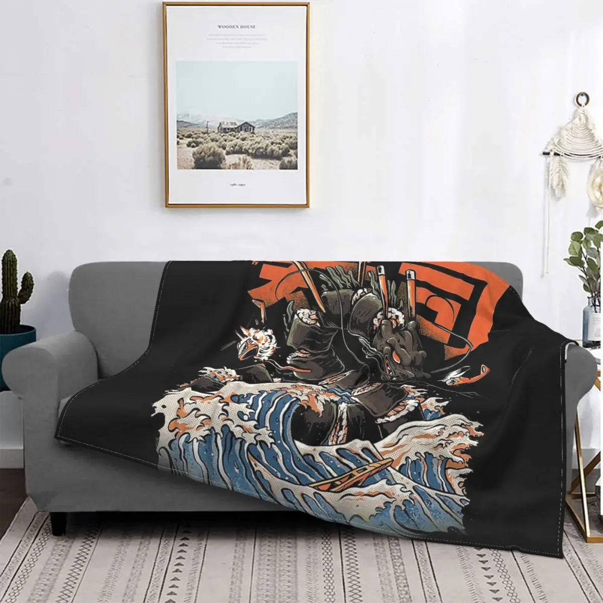 

The Black Sushi Dragon Great Wave Flannel Blanket food kanagawa kaiju Vintage Throw Blankets for Home Plush Thin Quilt