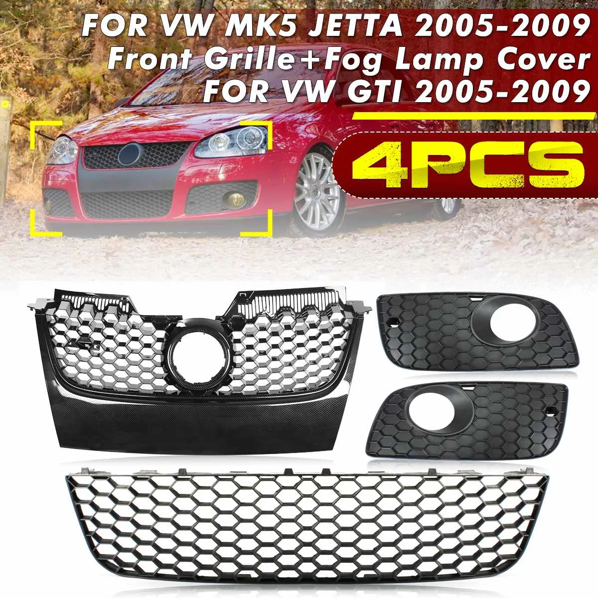 

4pcs Front Grilles Kit Front Bumper Lower Upper Center Grill For VW Golf MK5 GTI For Jetta GT 2005-2009 Fog Lamp Grille Cover