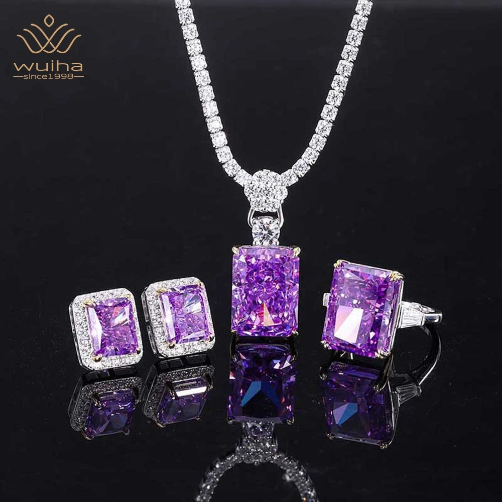 

WUIHA 925 Sterling Silver 12*16MM Radiant Cut Sapphire Faceted Gemstone Ring/Earrings/Pendant/Necklace Jewelry Set Drop Shipping