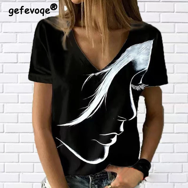 

2023 Summer Fashion Printed V Neck Harajuku Streetwear Y2K Grunge Tees T Shirt Women Casual Short Sleeve Pullover Tops Clothing