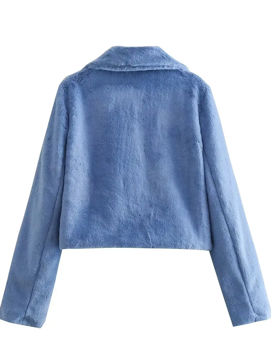 Spring And Autumn Women's Blue Fake Fur Lapel Long Sleeve Short Jacket Warm Fashion High Street Style