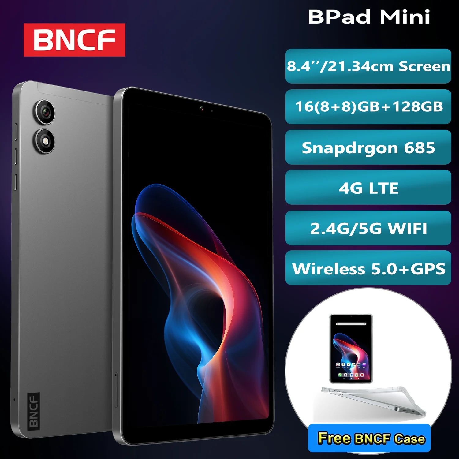Фото BNCF BPad Mini 8,4-дюймовый чехол Snapdragon685 для планшета Android14, 8 ГБ ОЗУ + 128 ГБ ПЗУ, 6050 мАч, аккумулятор 4G LTE Widevine L1 2K IPS Tab №5