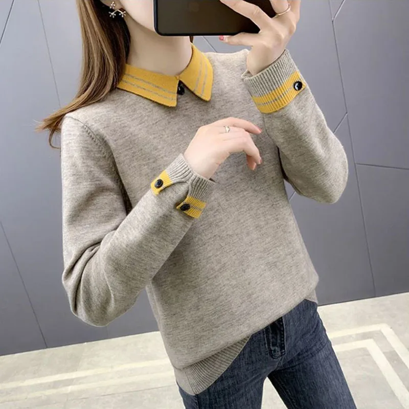 

New Autumn Winter Warm Bottoming Shirt Women Lapel Top Sweater Coat Loose Doll Collar Female Knitted Pullover Sweaters Outerwear