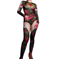 vintage classic floral pattern printing jumpsuit personality performance costume ladies mesh gauze rhinestones party wear