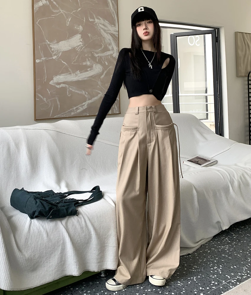 2023 Spring and Autumn New Design High Waist Suit Pants Lace-up Drop Loose Wide Leg Pants Women's Casual Pants