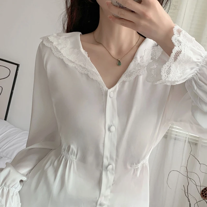 Korean Women Pajamas Set Long-Sleeve Silk Elegant Lace Lounge Set Trousers Tops Pants Sleepwear Household Wear Satin Nightwear