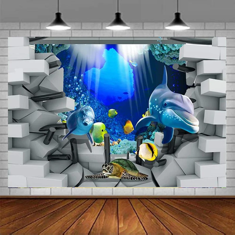 

3D Dolphin Photography Backdrop Underwater World Dolphin Sea Turtle And Brick Wall Photo Background Happy Birthday Party Props