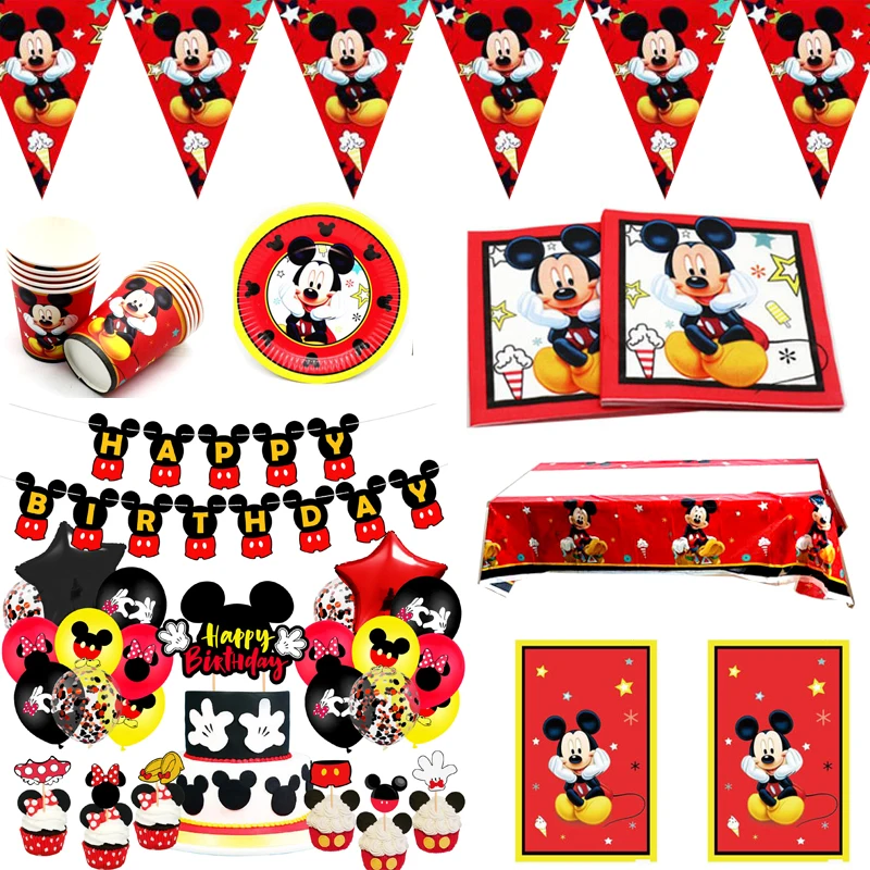 

Mickey Mouse Theme Cupcake Toppers Balloons Tablecloth Decoration Birthday Party Napkins Plates Cups Banner Gifts Bags 61pcs/lot