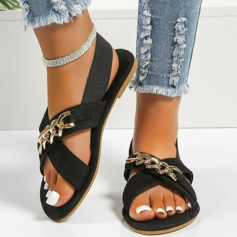 

Women's Open Toe Flat Sandals 2023 Summer New roman Metal Chain Casual Slides Shoes for Women Outdoor Light Shoes Female Sandals