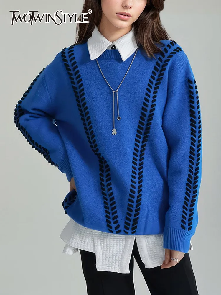 

Женский трикотажный свитер TWOTWINSTYLE, Повседневный свитер с цветными блоками, с круглым вырезом и длинными рукавами,