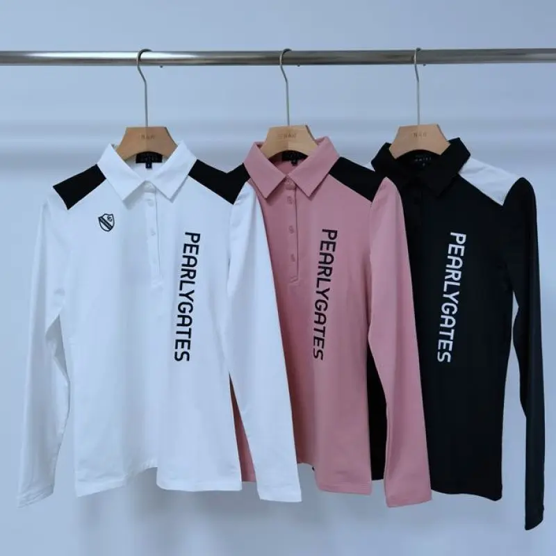 

PG Golf Ladies Autumn/Winter Fleece Long Sleeve T-shirt Stretch Warm Comfort Plus Fleece Korean POLO Collar Golf T-shirt