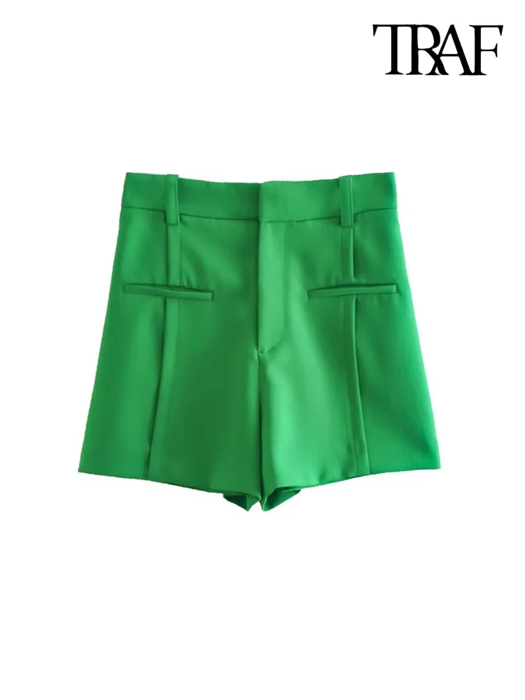 

TRAF Women Fashion Front False Welt Pockets Shorts Vintage High Waist Zipper Fly Female Short Pants Mujer
