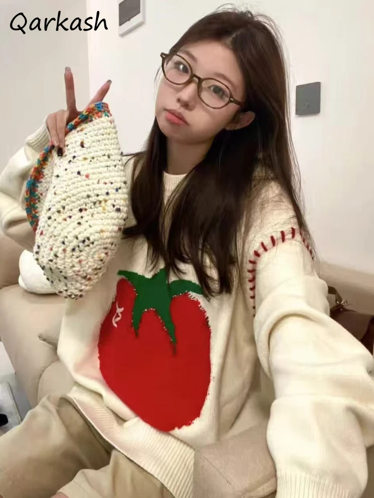 Свитера женские с длинным рукавом круглым вырезом рисунком помидоров милые