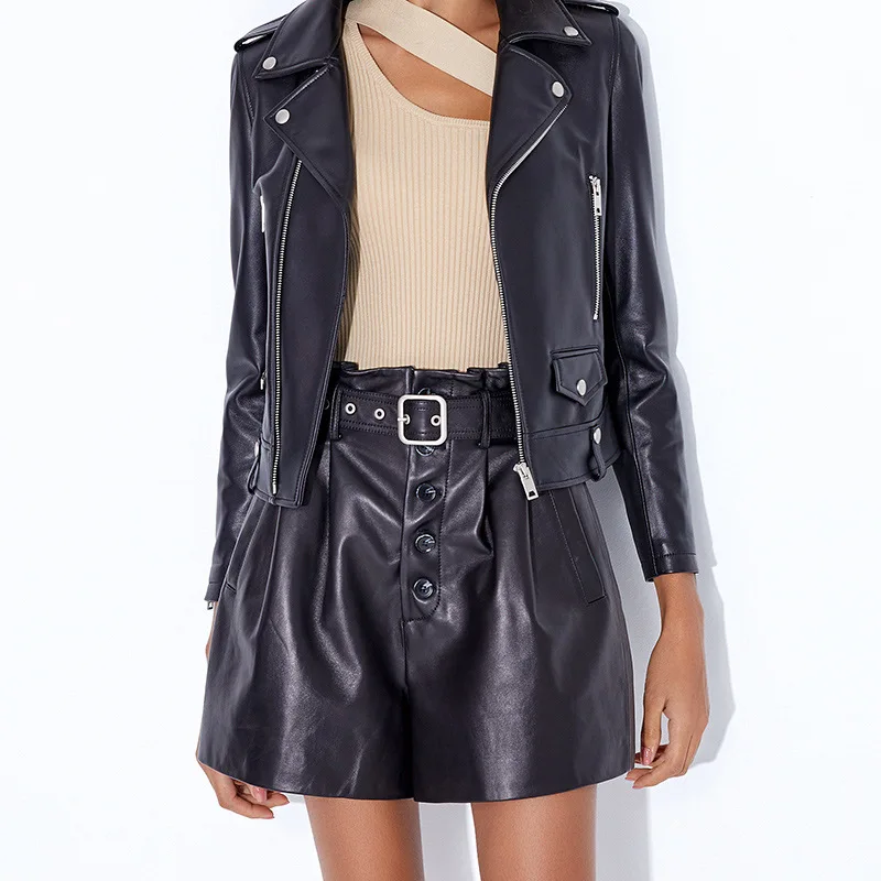 Sheepskin Leather Pants Women High Waist Casual Wide Leg Pants Versatile Shorts Pants