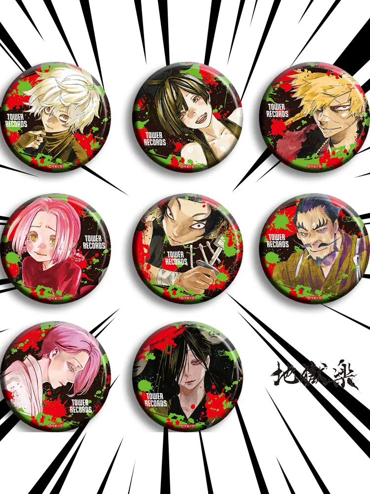 

8pcs/1lot Anime Jigoku Raku Tower Records Figure 4288 Badges Round Brooch Pin Badge Bedge Gifts Kids Toy