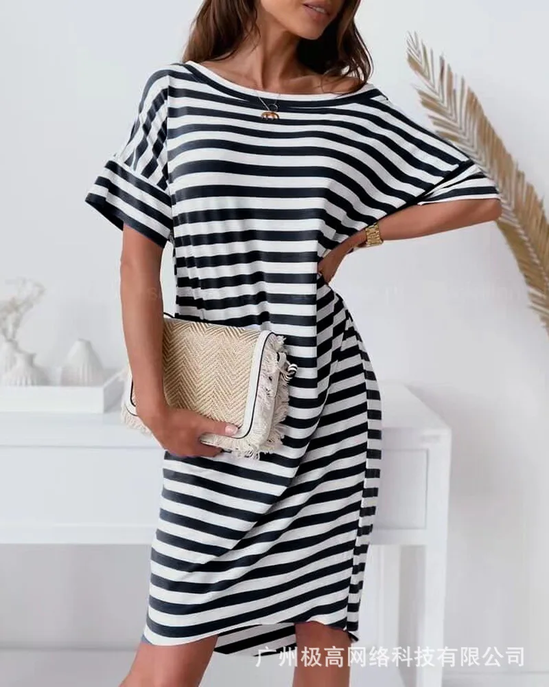 

Striped Off Shoulder Loose Casual Dress Women's Clothing 2022 New Spring Summer Mini Dress Short Sleeve Stripes Printed