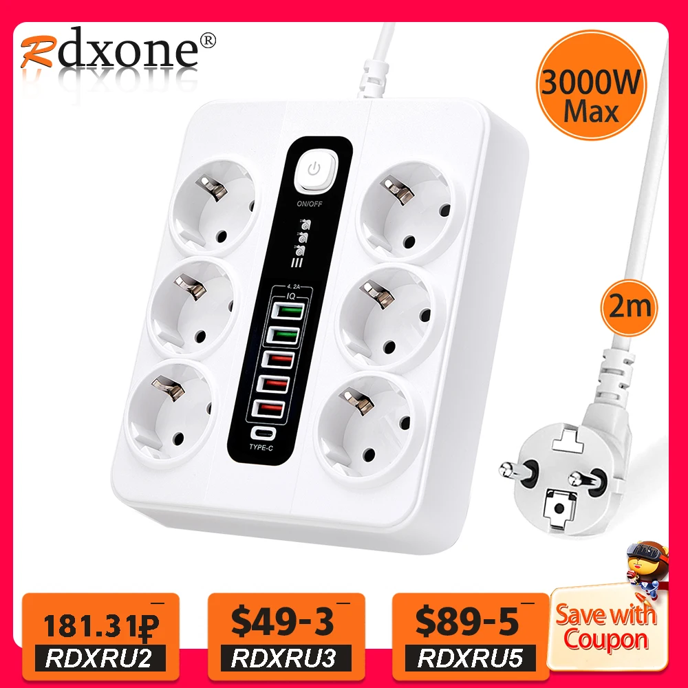 Удлинитель питания с USB-портом типа C и защитой от перегрузки, 3000 Вт