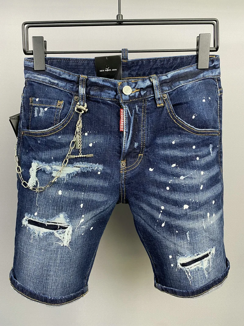 2022 Summer Dsquared2 New Men's Denim Shorts Fashion Washing Frayed Patch Car Line Five-Point Pants A513-1