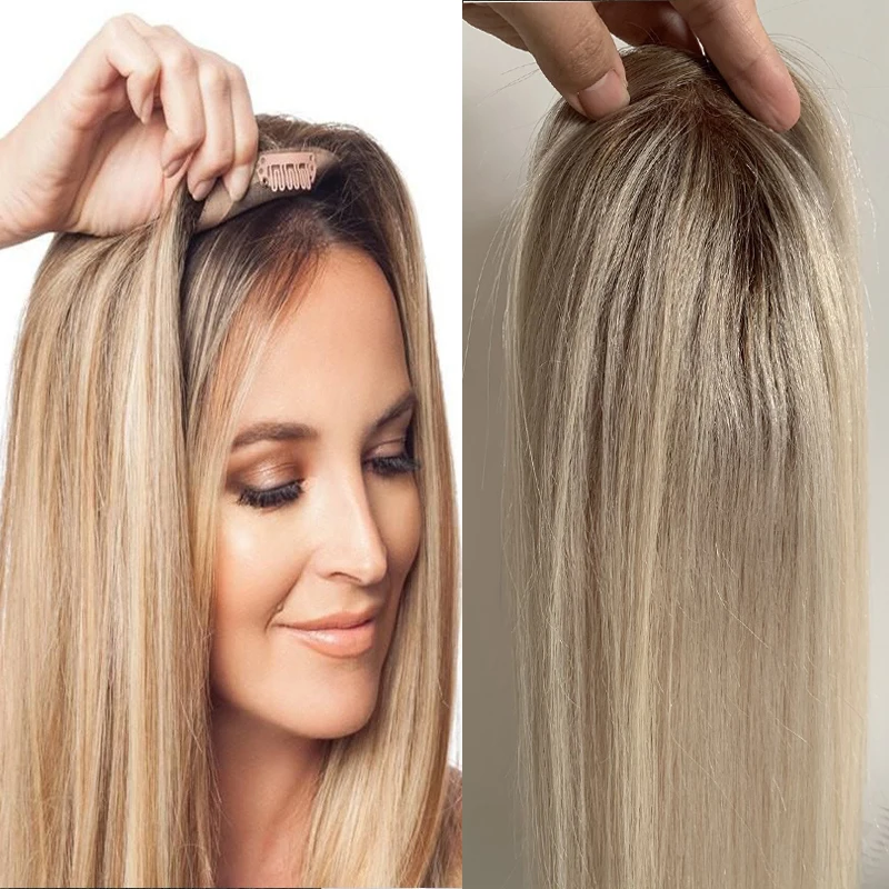 8-26inch Ombre Blonde Human Hair Topper With Clips In Mono Skin Base Virgin European Hair Toupee for White Women Hairpiece